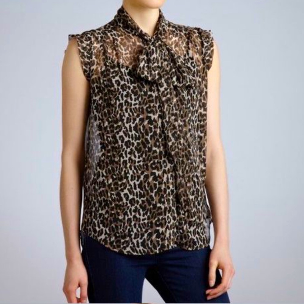 French Connection Sheer Leopard Sleeveless Tie Neck Top